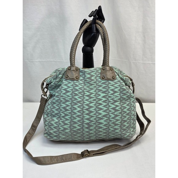 Handbags - Woven Chevron Satchel Bag Mint Green Grey Braided Handles Crossbody Strap Boho